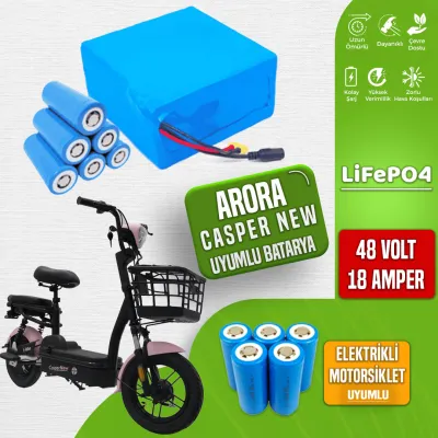 Pilli Batarya 48V 18Ah LiFePO4 Lityum Akü — Arora Casper New Uyumlu (48 Volt 18 Amper), Standart BMS