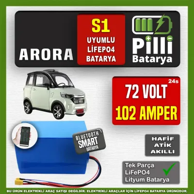 Pilli Batarya 72V 102Ah LiFePO4 Lityum Akü — Arora S1 Uyumlu (72 Volt 102 Amper), JK Jikong Smart Bluetooth BMS