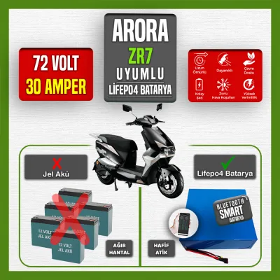 Pilli Batarya 72V 30Ah LiFePO4 Lityum Akü — Arora ZR7 Uyumlu (72 Volt 30 Amper), JK Jikong Smart Bluetooth BMS