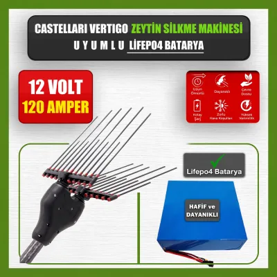 Pilli Batarya 12V 120Ah LiFePO4 Lityum Akü - Castellari Vertigo Zeytin Silkme Makinesi Uyumlu (12 Volt 120 Amper), Standart BMS