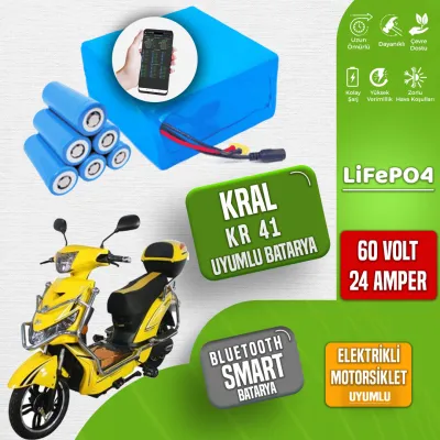 Pilli Batarya 60V 24Ah LiFePO4 Lityum Akü — Kral KR41 Uyumlu (60 Volt 24 Amper), JK Jikong Smart Bluetooth BMS