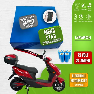 Pilli Batarya 72V 24Ah LiFePO4 Lityum Akü — Meka Star Uyumlu (72 Volt 24 Amper), JK Jikong Smart Bluetooth BMS