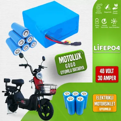 Pilli Batarya 48V 30Ah LiFePO4 Lityum Akü — Motolux Gogo Uyumlu (48 Volt 30 Amper), Standart BMS