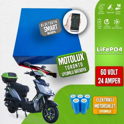 Pilli Batarya 60V 24Ah LiFePO4 Lityum Akü — Motolux Toronto Uyumlu (60 Volt 24 Amper), JK Jikong Smart Bluetooth BMS