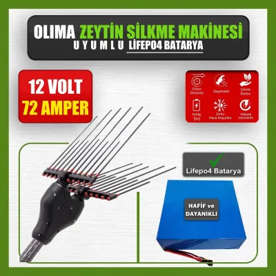 Pilli Batarya 12V 72Ah LiFePO4 Lityum Akü - Olima Zeytin Silkme Makinesi Uyumlu (12 Volt 72 Amper), Standart BMS