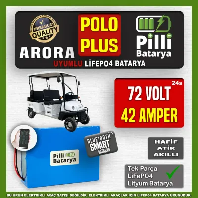 Pilli Batarya 72V 42Ah LiFePO4 Lityum Akü — Arora Polo Plus Uyumlu (72 Volt 42 Amper), JK Jikong Smart Bluetooth BMS