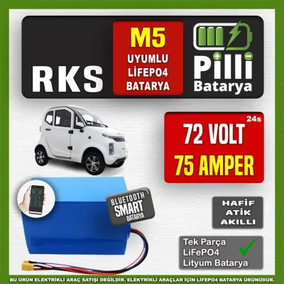 Pilli Batarya 72V 75Ah LiFePO4 Lityum Akü — RKS M5 Uyumlu (72 Volt 75 Amper), JK Jikong Smart Bluetooth BMS