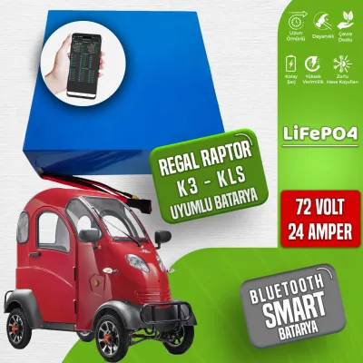 Pilli Batarya 72V 24Ah LiFePO4 Lityum Akü — Regal Raptor K3 Uyumlu (72 Volt 24 Amper), JK Jikong Smart Bluetooth BMS