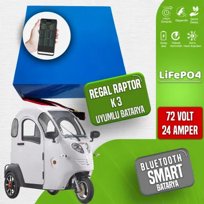 Pilli Batarya 72V 24Ah LiFePO4 Lityum Akü — Regal Raptor K3 Uyumlu (72 Volt 24 Amper), JK Jikong Smart Bluetooth BMS