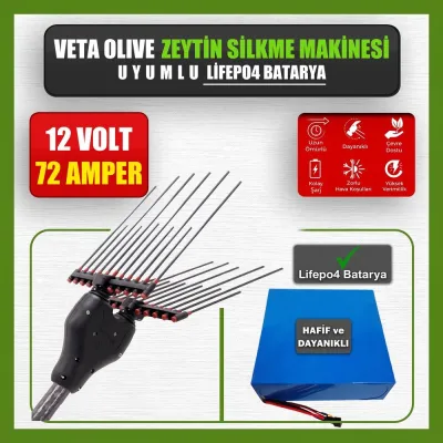 Pilli Batarya 12V 72Ah LiFePO4 Lityum Akü - Veta Olive Zeytin Silkme Makinesi Uyumlu (12 Volt 72 Amper), Standart BMS