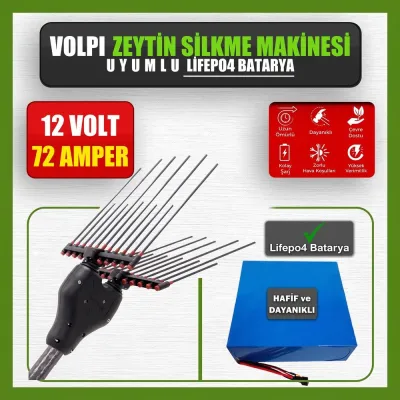 Pilli Batarya 12V 72Ah LiFePO4 Lityum Akü - Volpi Zeytin Silkme Makinesi Uyumlu (12 Volt 72 Amper), Standart BMS
