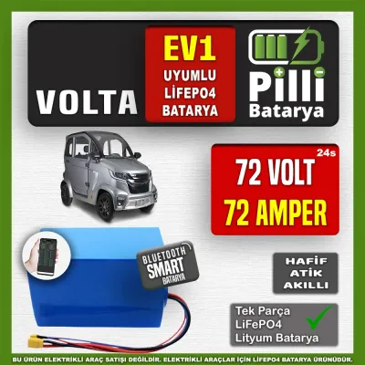 Pilli Batarya 72V 72Ah LiFePO4 Lityum Akü — Volta EV1 Uyumlu (72 Volt 72 Amper), JK Jikong Smart Bluetooth BMS