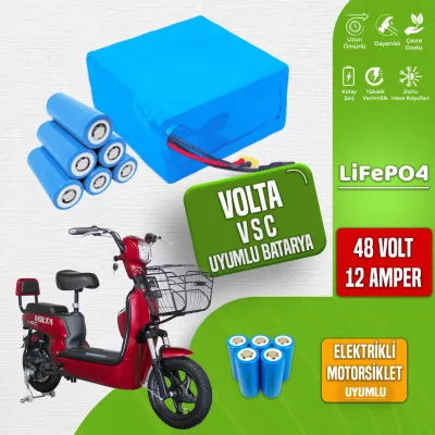 Pilli Batarya 48V 12Ah LiFePO4 Lityum Akü — Volta VSC Uyumlu (48 Volt 12 Amper), Standart BMS