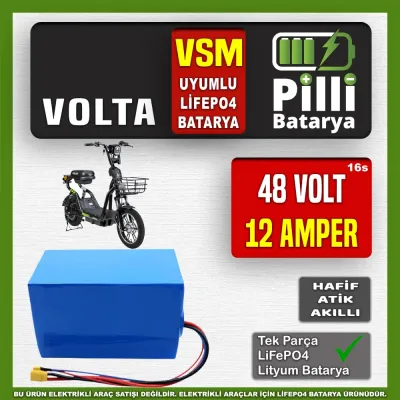 Pilli Batarya 48V 12Ah LiFePO4 Lityum Akü — Volta VSM Uyumlu (48 Volt 12 Amper), Standart BMS