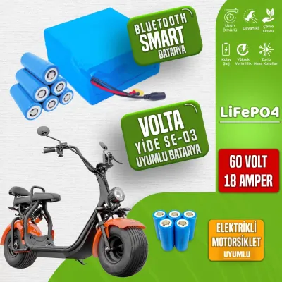 Pilli Batarya 60V 18Ah LiFePO4 Lityum Akü — Volta Yide SE Uyumlu (60 Volt 18 Amper), JK Jikong Smart Bluetooth BMS