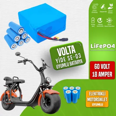 Pilli Batarya 60V 18Ah LiFePO4 Lityum Akü — Volta Yide SE Uyumlu (60 Volt 18 Amper), Standart BMS