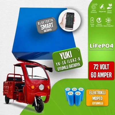 Pilli Batarya 72V 60Ah LiFePO4 Lityum Akü — YK Uyumlu (72 Volt 60 Amper), JK Jikong Smart Bluetooth BMS