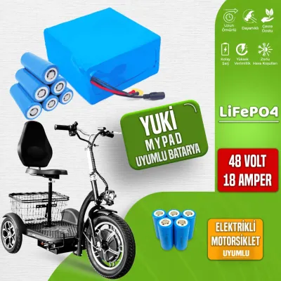 Pilli Batarya 48V 18Ah LiFePO4 Lityum Akü — Yuki MYPAD Elektrikli Motorsiklet Uyumlu (48 Volt 18 Amper), Standart BMS