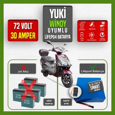 Pilli Batarya 72V 30Ah LiFePO4 Lityum Akü — Yuki Windy Uyumlu (72 Volt 30 Amper), JK Jikong Smart Bluetooth BMS