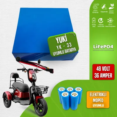 Pilli Batarya 48V 36Ah LiFePO4 Lityum Akü — Yuki YK Uyumlu (48 Volt 36 Amper), Standart BMS