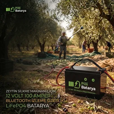 Pilli Batarya 12V 100Ah LiFePO4 Lityum Akü - Olivka Zeytin Silkme Makinesi Uyumlu (12 Volt 100 Amper), JBD Bluetooth BMS, ABS Kutulu