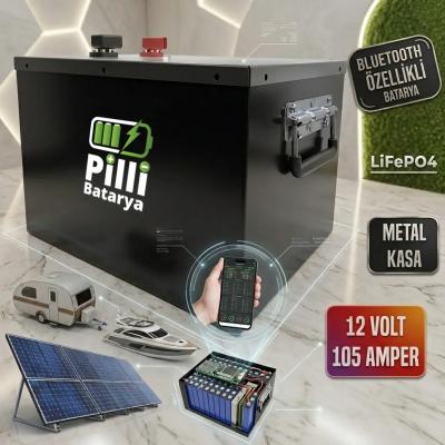 Pilli Batarya 12 Volt 100 Ah LiFePO4 Lityum Akü (105Ah Net Kapasite) 12V - 100Ah EVE & JK BMS Lityum Batarya (Metal Kasa)