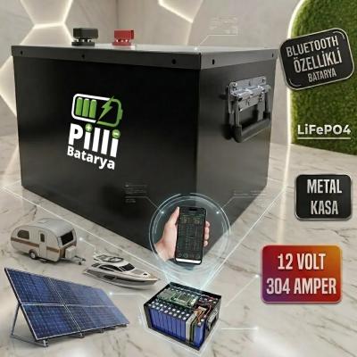 Pilli Batarya 12 Volt 300 Ah LiFePO4 Lityum Akü (304Ah Net Kapasite) 12V - 300Ah EVE & JK BMS Lityum Batarya (Metal Kasa)