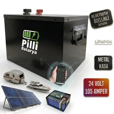 Pilli Batarya 24 Volt 100 Ah LiFePO4 Lityum Akü (105Ah Net Kapasite) 24V - 100Ah EVE & JK BMS Lityum Batarya (Metal Kasa)